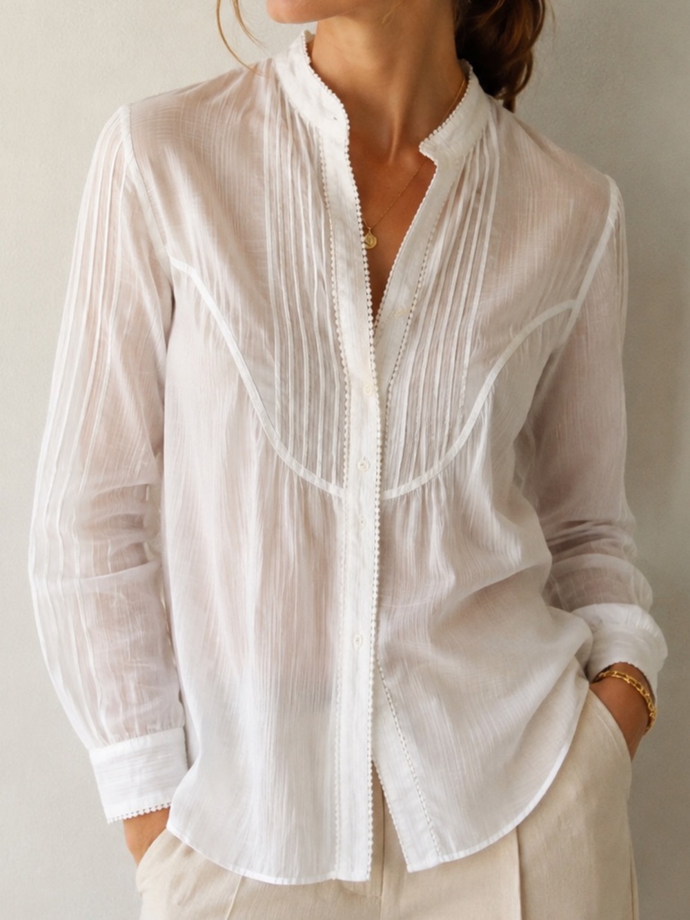 Massimo Dutti White Pintuck Blouse Sheer Cotton Romantic Boho Top